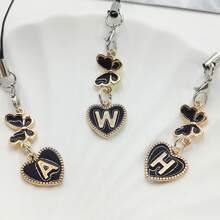 1pc Metal Heart & English Letter A-Z Pendant Phone Lanyard, Black Vintage Style A-Z Letter & Elegant Butterfly Phone Charm