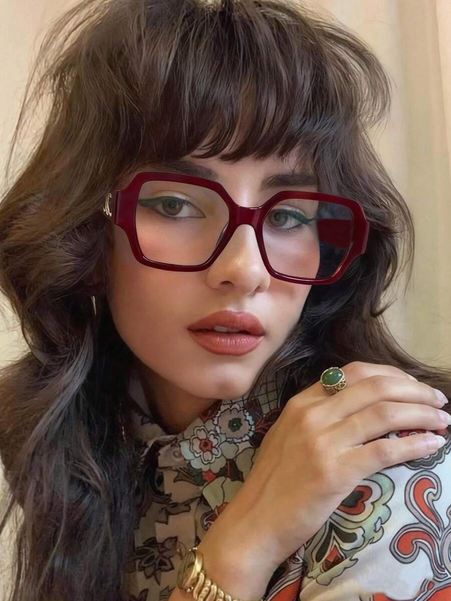 1 Pair Leopard Print Oversized Retro Personalized Transparent Eyeglasses, Oval Versatile Clear Lens - 3909-棗紅色 - 查看 1