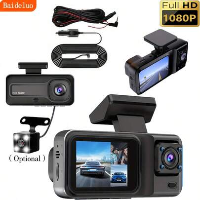 Cámara de salpicadero 1080P de 3 canales - Grabación frontal/interior/trasera (opcional), con visión nocturna infrarroja, grabación en bucle, ángulo de visión amplio DVR, pantalla IPS de 2.0", grabadora de video para automóvil, batería de litio de 150mAh, accesorio de automóvil multifuncional
