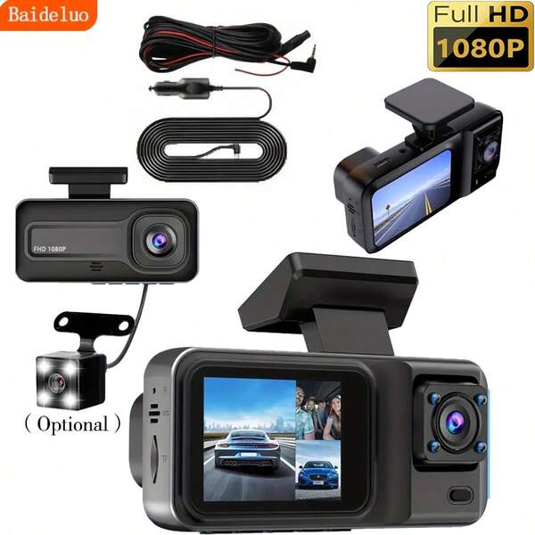 Cámara de salpicadero 1080P de 3 canales - Grabación frontal/interior/trasera (opcional), con visión nocturna infrarroja, grabación en bucle, ángulo de visión amplio DVR, pantalla IPS de 2.0", grabadora de video para automóvil, batería de litio de 150mAh, accesorio de automóvil multifuncional