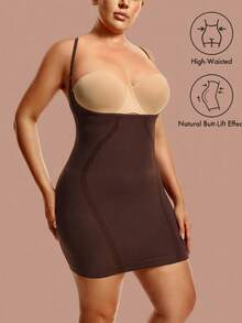 1pc Women's Plus Size High Waist Slimming Bodycon Dress (Spaghetti Strap Design), Size S-3XL, Specially Designed For Curvy Figures, Natural Lift And Tummy Control, Comfortable Stretchy Knit Fabric, Suitable For Everyday And Special Occasions, Flattering Silhouette, Highlighting Curves, All-Day Comfort And Fit, An Ideal Choice For Plus Size Women Seeking Confident And Stylish Look. - Brown - View 1