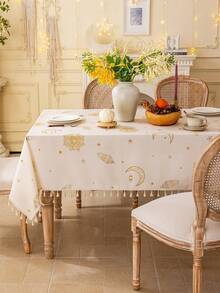 1 chiếc khăn trải bàn màu be với họa tiết ngôi sao vàng, mặt trăng và đèn lồng kiểu Bohemian, hình chữ nhật, họa tiết tre 3D, trang trí tua rua màu be, có thể giặt, thích hợp cho các buổi họp mặt, bữa tối, lễ hội kiểu Ả Rập, quà tặng. - Màu be - Xem 1