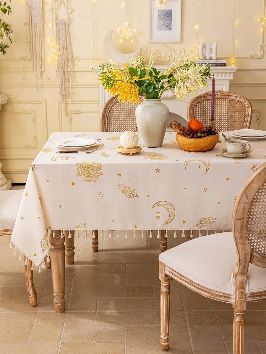 1 chiếc khăn trải bàn màu be với họa tiết ngôi sao vàng, mặt trăng và đèn lồng kiểu Bohemian, hình chữ nhật, họa tiết tre 3D, trang trí tua rua màu be, có thể giặt, thích hợp cho các buổi họp mặt, bữa tối, lễ hội kiểu Ả Rập, quà tặng. - Màu be - Xem 1