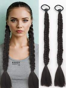 2pcs 18-Inch Handmade Fish Bone Braided Ponytail Hair Extensions With Elastic Band, Suitable For Women - Multicolor - View 20