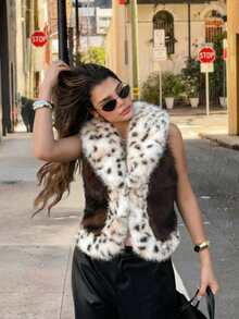 Áo khoác giả lông thú màu nâu sang trọng dành cho nữ, kiểu dáng thanh lịch, họa tiết da báo, lông xù mềm mại, ấm áp cho mùa đông, thích hợp cho các bữa tiệc hóa trang, dạo phố, phong cách thời trang sành điệu, quyến rũ, không tay, họa tiết da báo. - Cà phê nâu - Xem 10