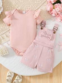 2件套女婴休闲时尚日常甜美可爱粉色针织竖条纹圆领荷叶袖连体衣和粉色编织蝴蝶结刺绣口袋背带短裤套装，夏季 - 粉色 - 查看 1