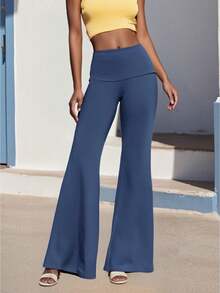 Fold Over Yoga Pants For Women Low Rise Straight Leg Sweatpants Y2k Solid Color Stretchy Loose Gym Lounge Leggings - Màu xanh lam - Xem 1