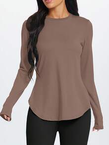 1pc Women's Outdoor Training, Running, Hiking, Walking Minimalist Side Slit Long Sleeve Fitness Yoga Top, All Season