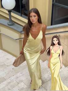 2026 Spring/Summer New Fashion Satin Sexy Spaghetti Strap Deep V Dress, Glossy & Elegant Niche Party Atmosphere Date Night Dress For Women - Yellow - View 2