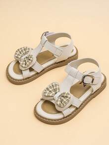Girls' Summer Soft Sandals: Cream White Plaid Bow Style, Soft Sole, Non-Slip Design, With Convenient Buckle, Ideal For Daily Outings - Champagne - View 7