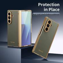 电镀材质仿皮全包覆保护手机壳，兼容三星 Galaxy Z Fold 7 6 5 4 Fold7 Fold6 Fold5 Fold4，带钢化玻璃屏幕保护膜。 - 棕灰色 - 查看 10