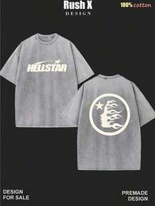 1pc Men's Pattern Washed T-Shirt - Double Sided Printing, 100% Cotton, Short Sleeved, Summer Casual T-Shirt, Black With White Star Design, Loose Fit, Machine Washable, Daily T-Shirt |   Loose Fit Shirt |   100% Cotton T-Shirt, Cotton T-Shirt Shirts  Mens Clothes - 灰色 - 查看 9