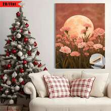 Enmarcado [2D plano] 1 pieza de luna llena en el cielo, rodeada de claveles rosados| Cuadro de arte en lienzo plano 2D, embalaje con marco de madera, muy adecuado para la decoración del hogar, habitación, sala de estar, dormitorio, baño, elección perfecta para Acción de Gracias y otras festividades. Disponible en varios tamaños, se puede colgar directamente sin instalación. - Multicolor - Ver 4