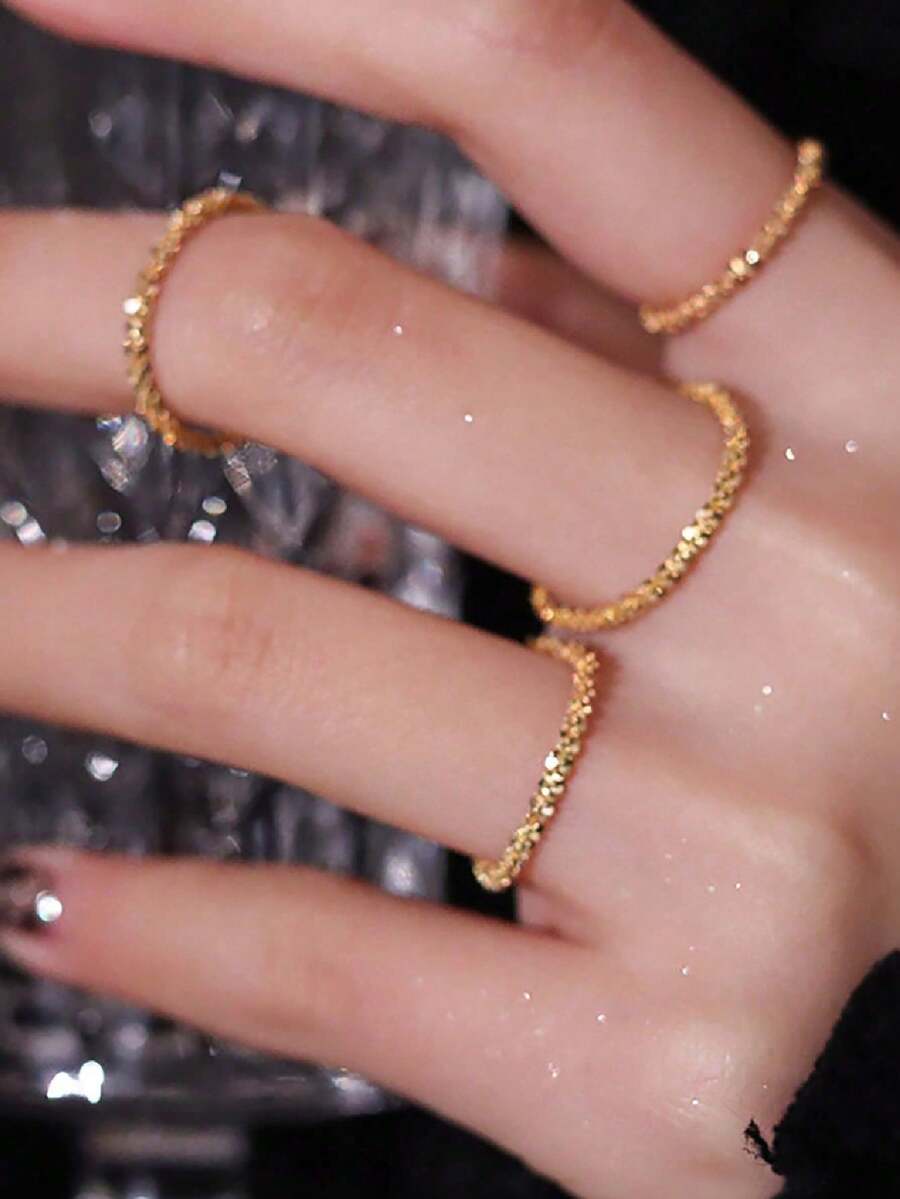 1-5pcs Gold Shiny Gypsophila Ring Set, Women Sparkling Adjustable Closed Super Glitter Chain Rings - Gold - View 1