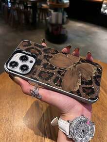 Schmetterling Leoparden-Muster Luxus Metallic Handyhülle kompatibel mit iPhone 15 Pro Max, 17 Air/16/11/13 Pro/15 Pro/15/13 Pro Max, stoßfestes Material kompatibel mit iPhone 14/13/12, passend für 12 Pro Max - Verschiedenfarbig - Übersicht 2