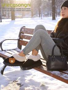 1. Fashionable And Cute Bear Theme Handbag, Plush Winter Bag, And Indoor Slippers. EVA Anti-Slip Thickened Sole Warm Shoes For Indoor And Outdoor. Couple's Indoor Slippers. Women's Black Casual Shoes.