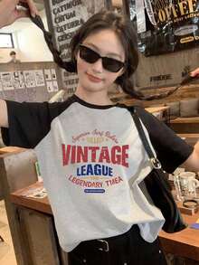 女士插肩撞色圆领休闲日文字母卡通印花短袖T恤，春夏款 - 深花灰 - 查看 3