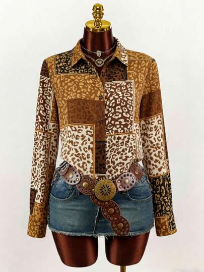 Women's Single-Breasted Leopard Print Long Sleeve Casual Fashion Shirt
