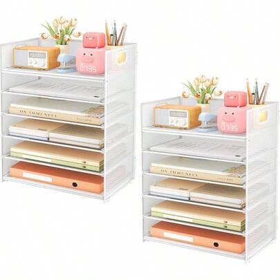 6-Tier Desk Paper Organizer Desktop File Letter Tray With Handle Document Sorter And Accories Holder For Office Home And School Workspace Organizers White - 2 Pack