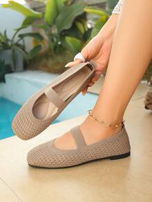 女士休闲玛丽珍鞋，系带编织方头套脚鞋，春夏款 - 卡其色小格子 - 查看 10