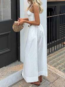Vaiaye 简约优雅复古纯色无袖方领吊带长裙，适合女性日常穿着、办公场合，2026春夏度假风 白色 - 白色 - 查看 4