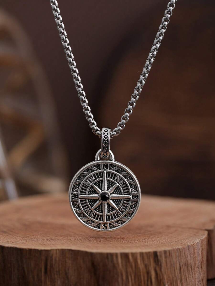 1pc Men's Hiphop Pendant Necklace, European & American Style Compass Pointer Necklace For Men, Suitable For Autumn/Winter Sweaters - Silver - View 1