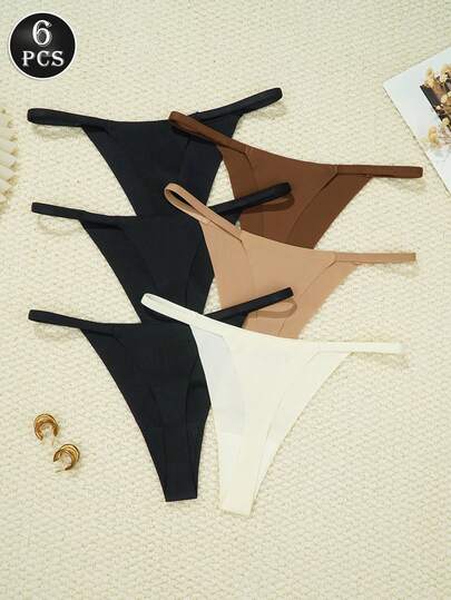 6pcs/Pack Low Waist Sexy Thong Panties, Breathable T-Back Seamless G-String, Women's Daily Wear, Women's Lingerie & Sleepwear