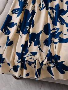 Women's Floral Print Elastic Waist Maxi Skirt, Casual Holiday Style - Apricot Base With Blue Flowers - View 3