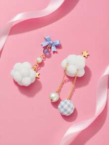 1 Pair Cute Girl Style Asymmetric Earrings With Star, Bow, Plush Cloud Designs, Accessories For Autumn/Winter - one-size - View 1