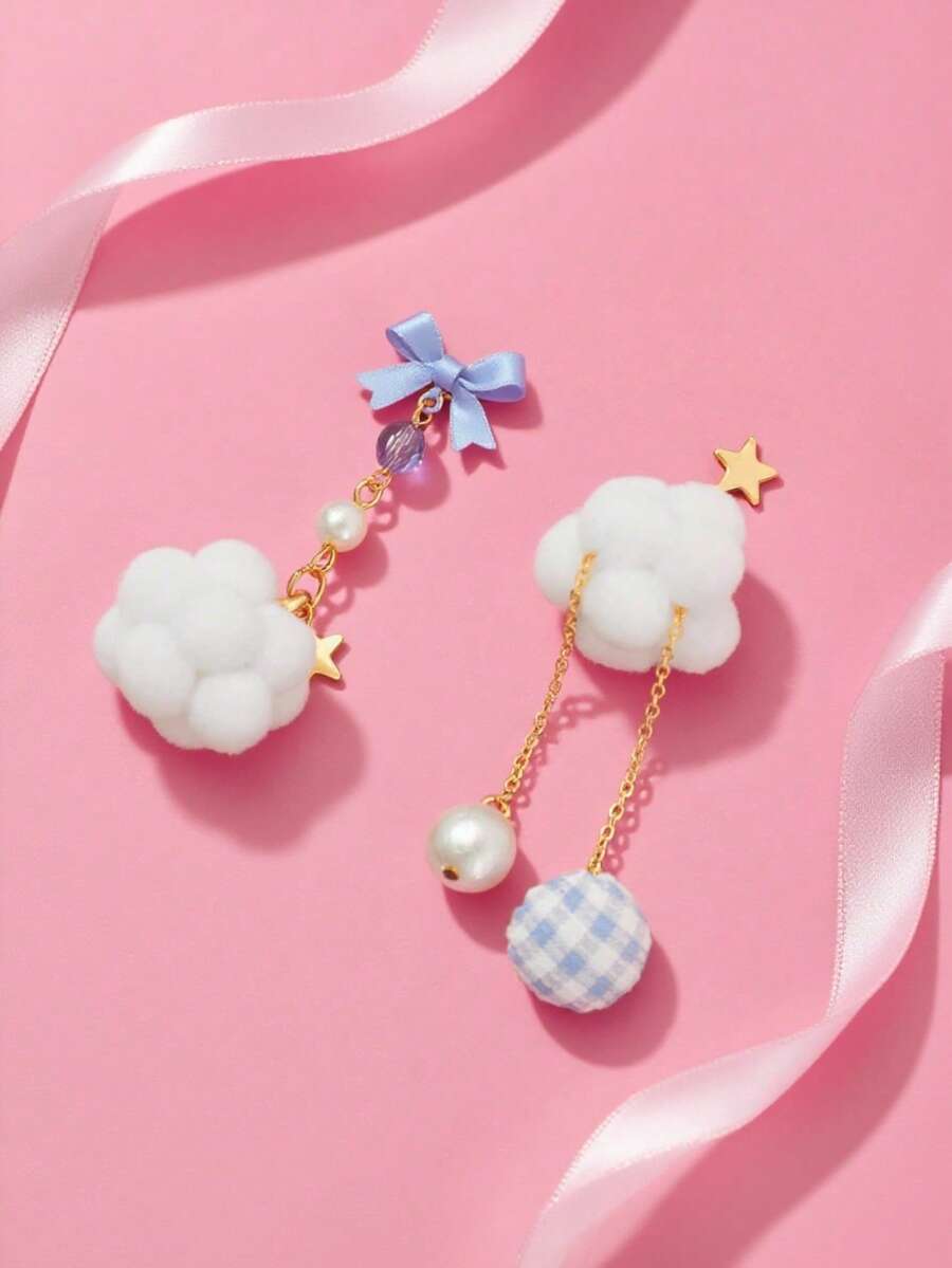 1 Pair Cute Girl Style Asymmetric Earrings With Star, Bow, Plush Cloud Designs, Accessories For Autumn/Winter - one-size - View 1
