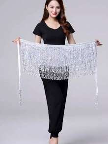 1 pièce Jupe de danse à franges pailletées pour femmes, Écharpe de hanche à franges pour danse du ventre, Jupe à franges pailletées brillantes pour femmes, Costume de scène - Multicolore - Voir 9