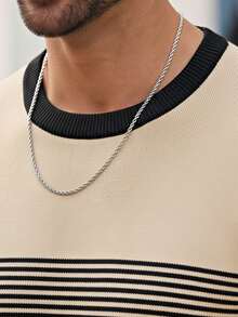 男士条纹休闲圆领短袖针织上衣 - 黑色 - 查看 4