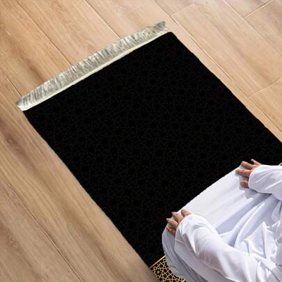 1 pieza Portátil - Plegable Viaje con Diseño Geométrico Elegante Negro y Dorado, 100% Poliéster Lavable a Máquina para el Hogar, Peregrinación, Mezquita, Capilla - Uso Interior/Exterior, Decoración de Sala de Oración, Alfombra Interior Exterior, Patrón Elegante