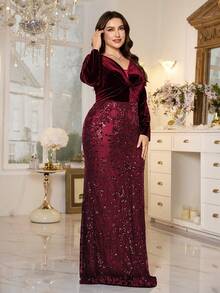 XUIBOL Đầm dạ hội dài tay dáng chữ A cổ chữ V đính sequin cỡ lớn, chất liệu nhung, thoải mái, phù hợp với nhiều dáng người, cổ chữ V, tay dài, ôm sát, dáng đuôi cá, thiết kế độc đáo, màu trơn, thanh lịch và sang trọng. - Màu Đỏ Sâu - Xem 7