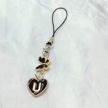 1pc Metal Heart & English Letter A-Z Pendant Phone Lanyard, Black Vintage Style A-Z Letter & Elegant Butterfly Phone Charm