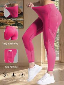 Pantaloni de yoga pentru femei, mărime mare, cu talie înaltă, colanți skinny cu buzunare laterale și panouri de plasă, potriviți pentru alergare, antrenament, ținută casual - Trandafir rosu - Vizualizare 2