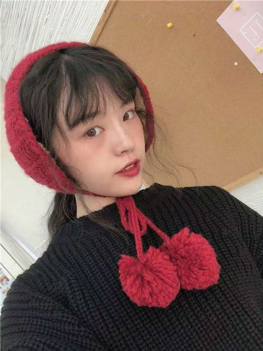 保暖耳罩，可爱韩系学生风，与Kpop明星同款，冬季保暖耳罩，毛绒耳袋，防冻，可折叠耳罩，圣诞帽，情人节礼物 - 酒紅色 - 查看 1