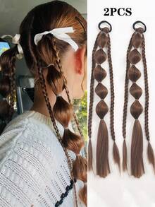 2 Pcs 18-Inch Handmade Fishbone Braid Ponytail With Elastic Bands, Suitable For Women - Multicolor - View 7