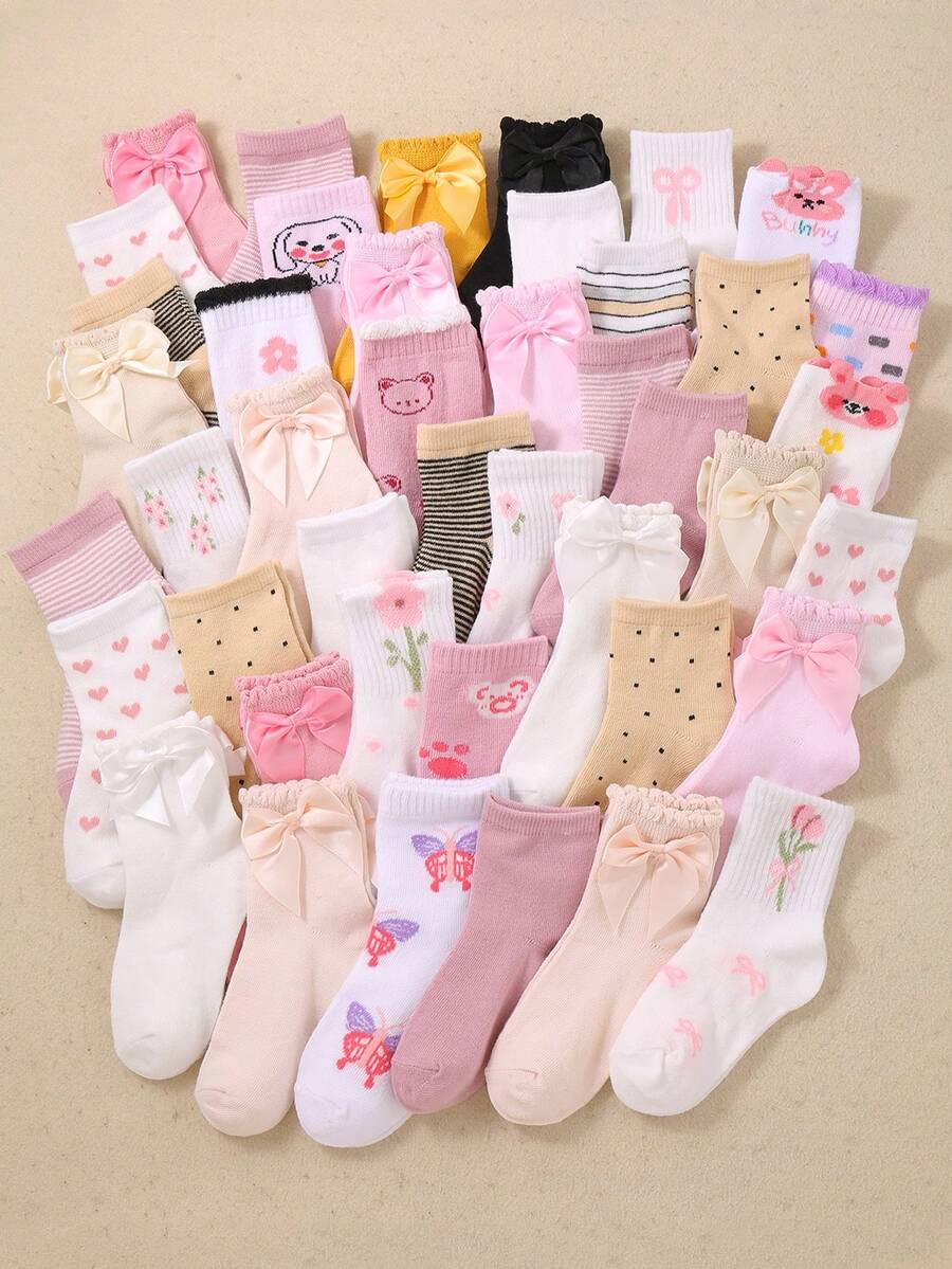 20 đôi tất trẻ em cao đến bắp chân, cổ tròn, có nơ, hình trái tim, chấm bi, sọc, hoa, gấu bông, thích hợp cho bé gái mặc hàng ngày, thoáng khí, mềm mại và thoải mái, phù hợp cho trẻ em từ 1-16 tuổi, những đôi tất trẻ em đáng yêu. - Nhiều màu - Xem 1