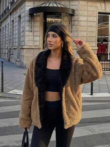 معطف فرو الدب البني الفاخر للنساء، معطف أنيق ذو ياقة من الفرو الاصطناعي الأسود، إطلالة أنيقة لحفلات الكرنفال والخروج الليلي، ملابس خارجية فرو أنيقة - بني - مشاهدة 10