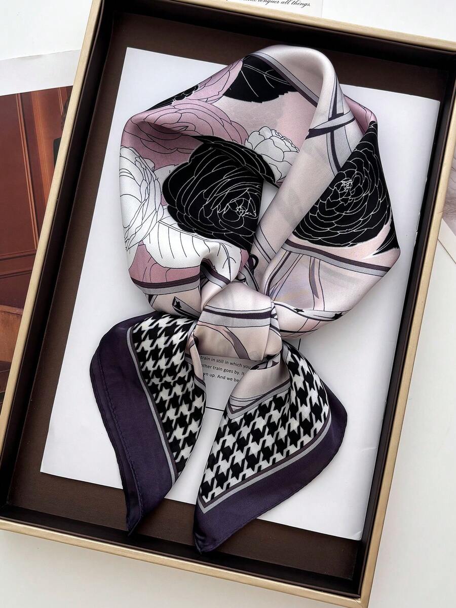 1pc 70cm Square Scarf, Korean Style Women's Faux Silk 3D Letter Print Scarf, Professional Neckerchief Headscarf Causals Hair Bands Winter Hair Accessories Elegant Headbands