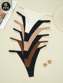 6pcs/Pack Low Waist Sexy Thong Panties, Breathable T-Back Seamless G-String, Women's Daily Wear, Women's Lingerie & Sleepwear - Multicolor - View 3