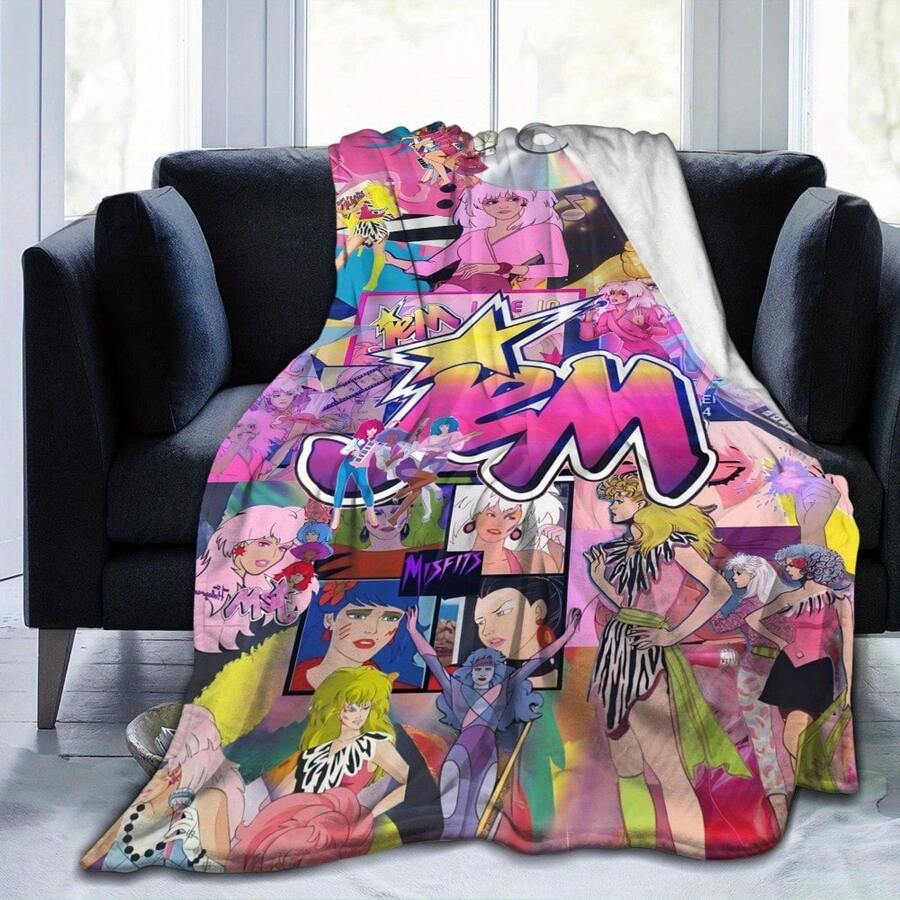 JEM & The Holograms Vintage 1980s Retro Music Theme Super Soft Fleece Throw Blanket - Colorful Pop Art Design, Lightweight & Cozy For Home, Office, Travel, Gift For Fans Of Classic Animation, Travel Blanket | Pop Art Blanket | Polyester Blanket - 彩色 - 查看 1