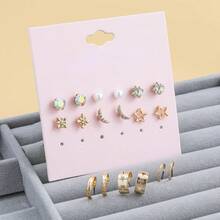 9对合金水晶珍珠月亮星星U形耳环套装，优雅独特设计，女士耳环 - 彩色 - 查看 3