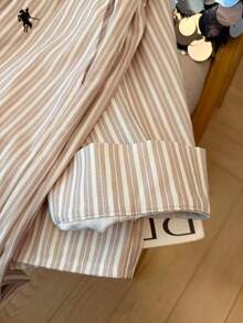 PARARAL 大码女装时尚度假条纹刺绣长袖衬衫和阔腿裤休闲两件套，女士度假装，女士春季休闲套装，女士杏色条纹套装，女士夏季日常优雅穿着 - 杏色 - 查看 7