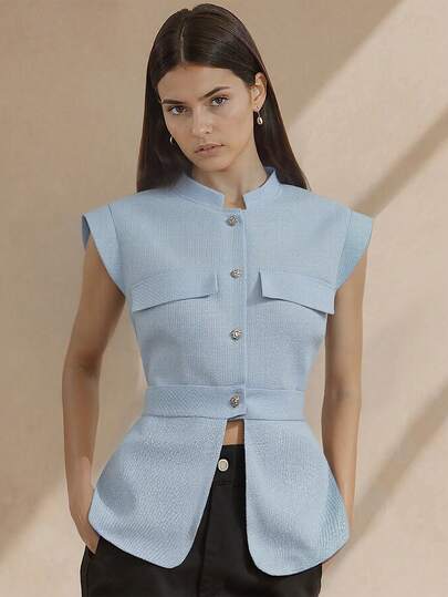 Amyenjoylife Modern Filipiniana Top,Peplum Simple And Elegant Stand Up Collar Button Up Top