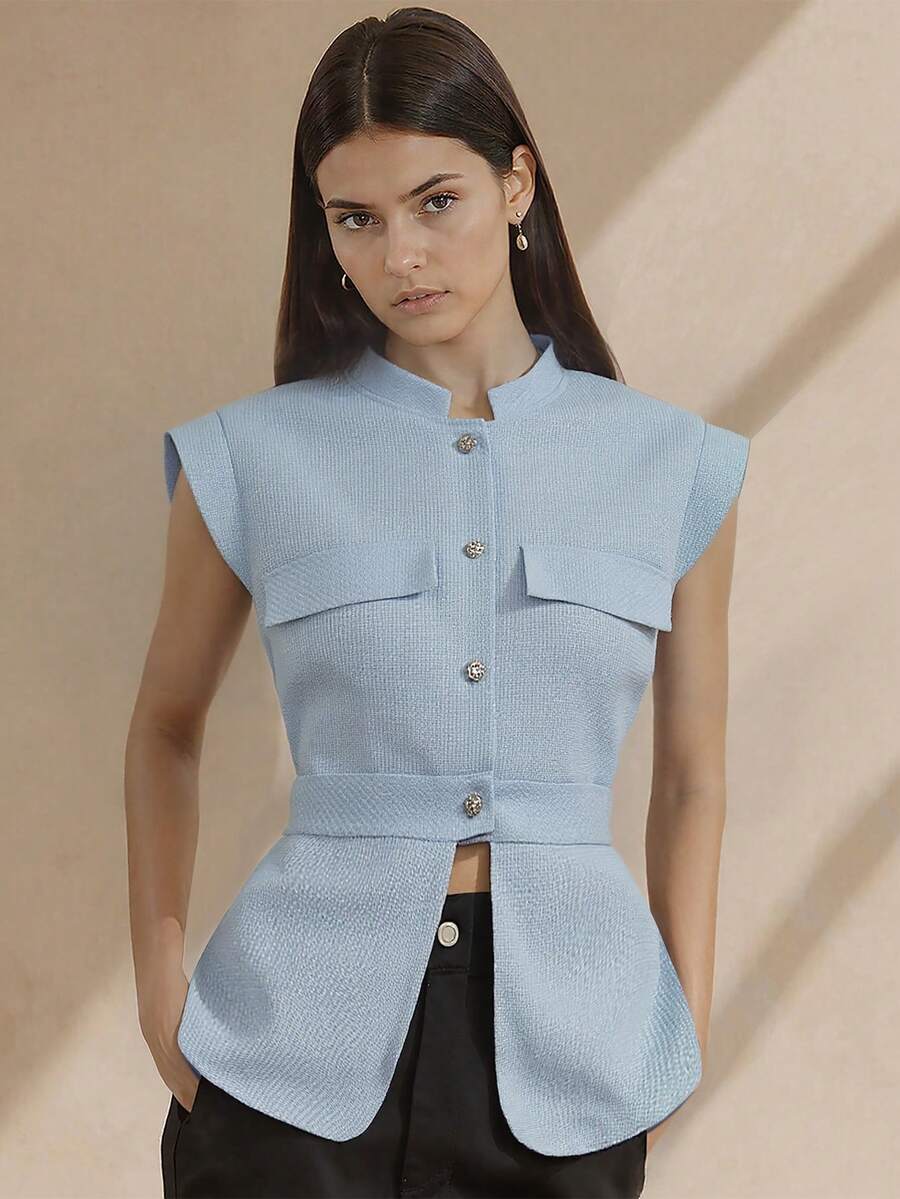 Amyenjoylife 现代菲律宾衬衫，荷叶边简约优雅立领衬衫 - 藍色 - 查看 1