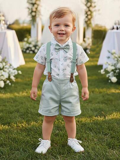 BOARNSEORL 2pcs Young Boys Gentleman Outfit, Printed Shirt With Bowknot And Bib Shorts, Fashionable Look For Birthday Party, Anniversary, Wedding