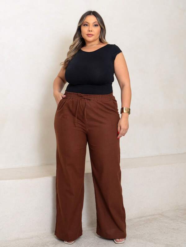 Calça De Linho Feminina Pantalona Plus Size Cintura Alta