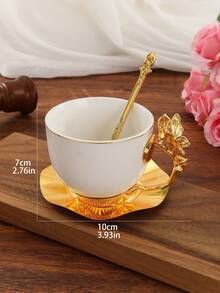 1 Set Ceramic Coffee Cup & Saucer With Spoon, 3D Butterfly Handle, Gold Tone Mug, Household Cup, Nordic Minimalist Milk Cup, Afternoon Tea Cup, Red Tea Cup, Valentine's Day Gift - Gold - View 3